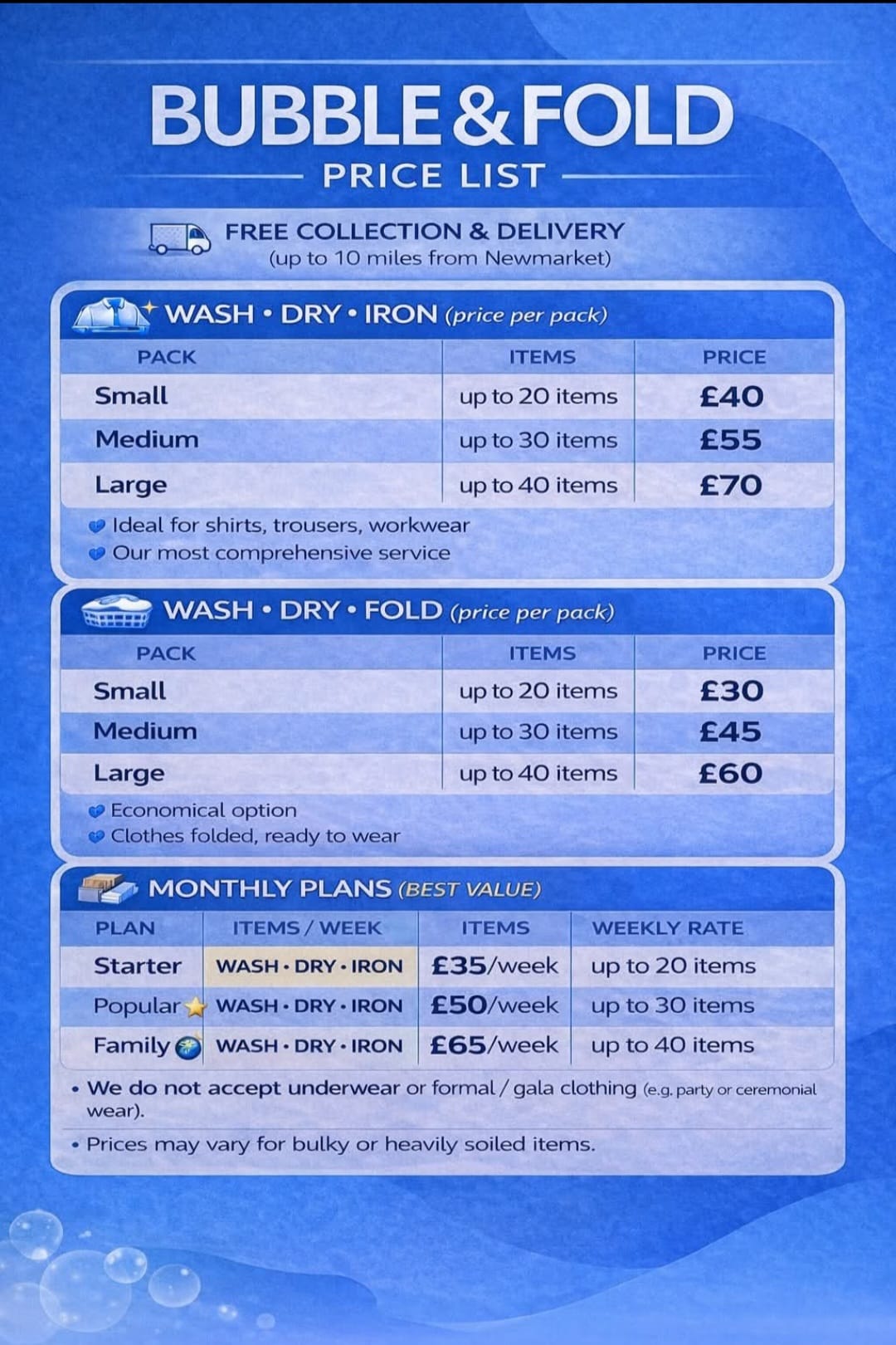Bubble and Fold price list flyer