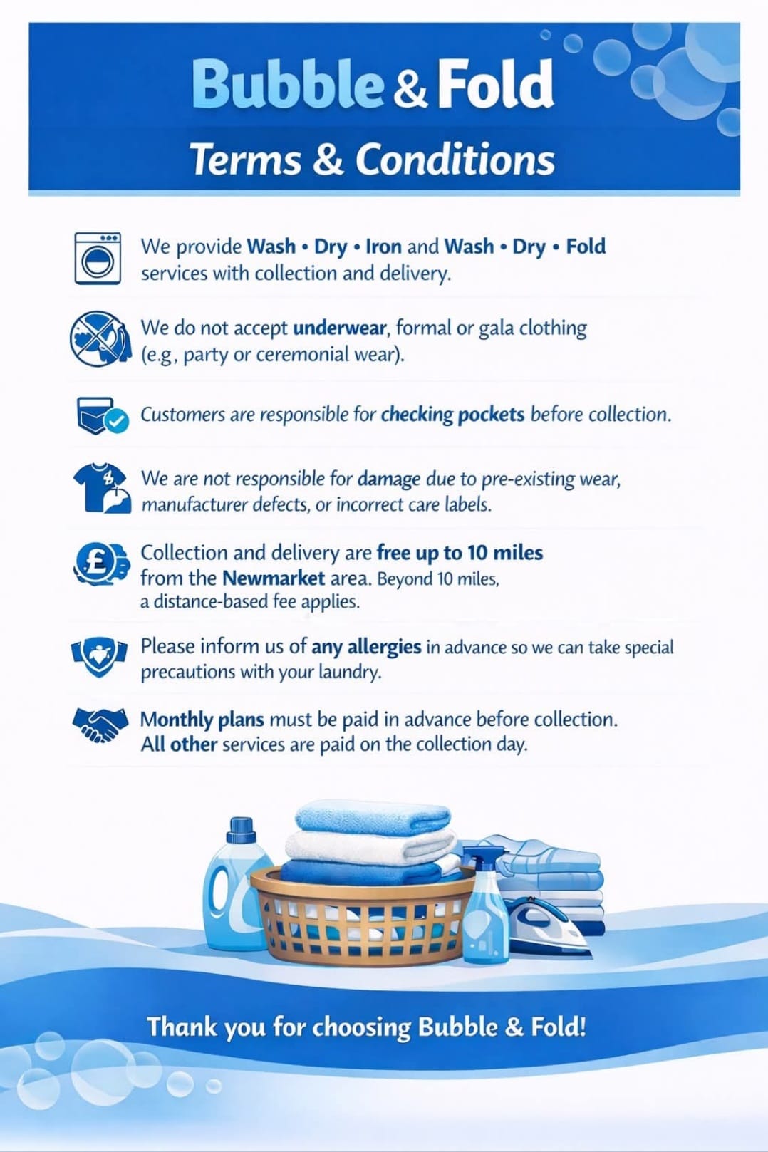 Bubble and Fold terms and conditions flyer